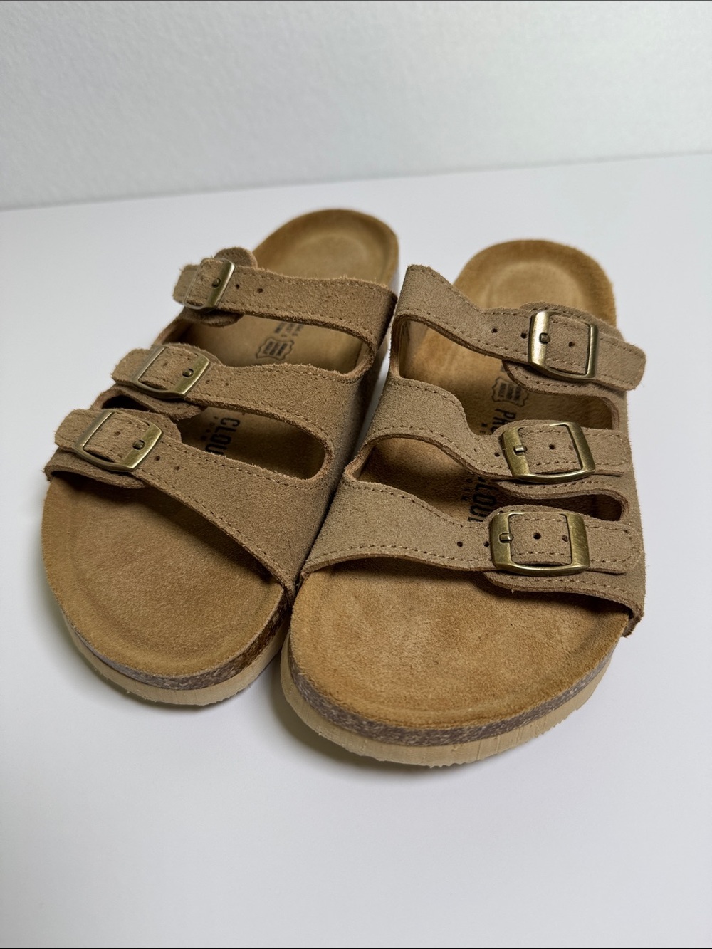 Project Cloud Tan Suede Triple Buckle Comfort Slide Sandals Size 6.5